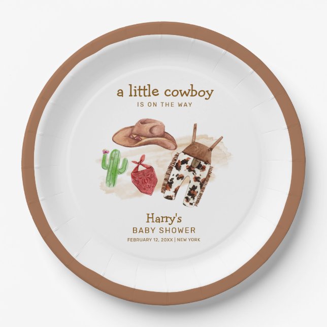 Moderne Western Desert Cactus Cowboy Baby Shower Pappteller (Vorderseite)