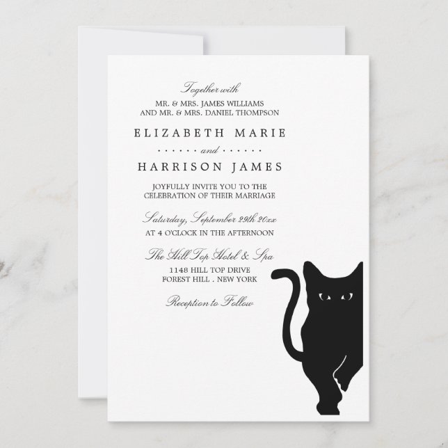 Moderne whimsical Black Cat Wedding Einladung (Vorderseite)