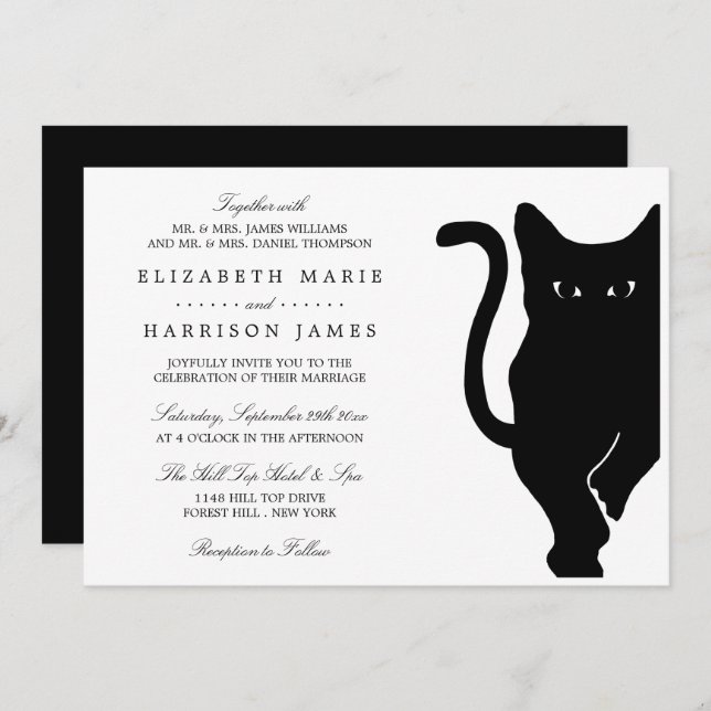 Moderne whimsical Black Cat Wedding Einladung (Vorne/Hinten)