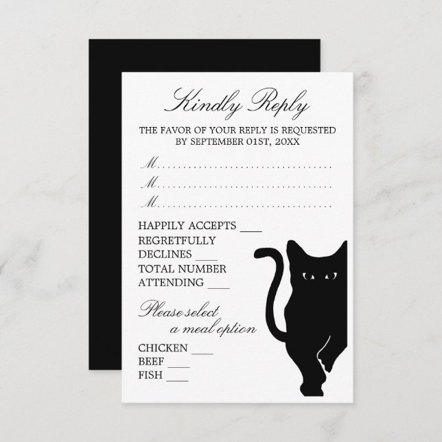 Moderne whimsical Black Cat Wedding RSVP Karte (Vorne/Hinten)