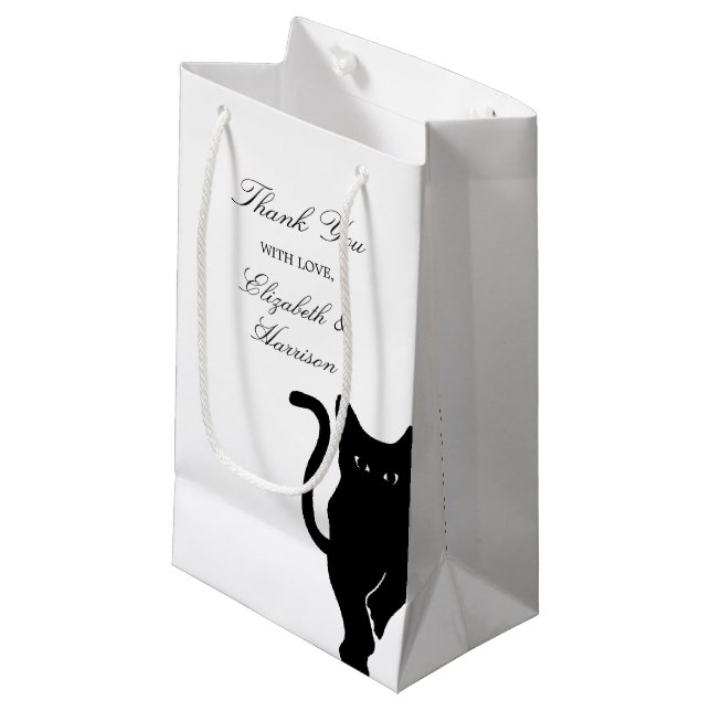 Moderne whimsical Black Cat Wedding Vielen Dank fü Kleine Geschenktüte (Vorderseite Schrägansicht)