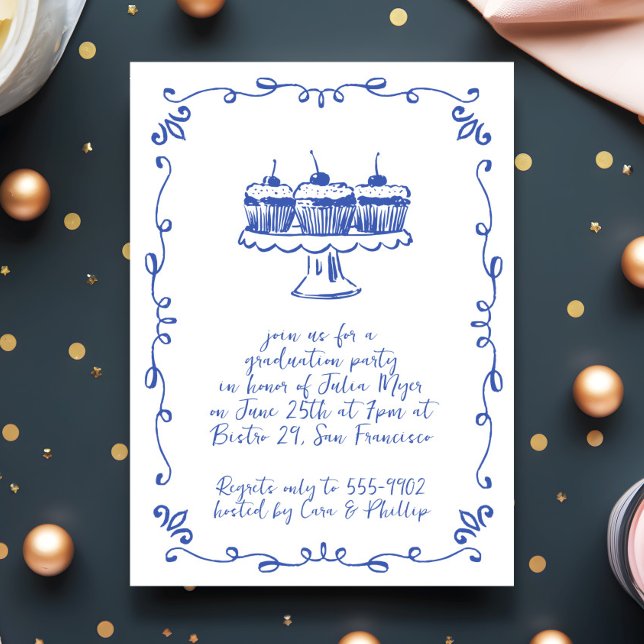 Moderne Whimsical Cupcake Doodle Graduation Party Einladung (Von Creator hochgeladen)