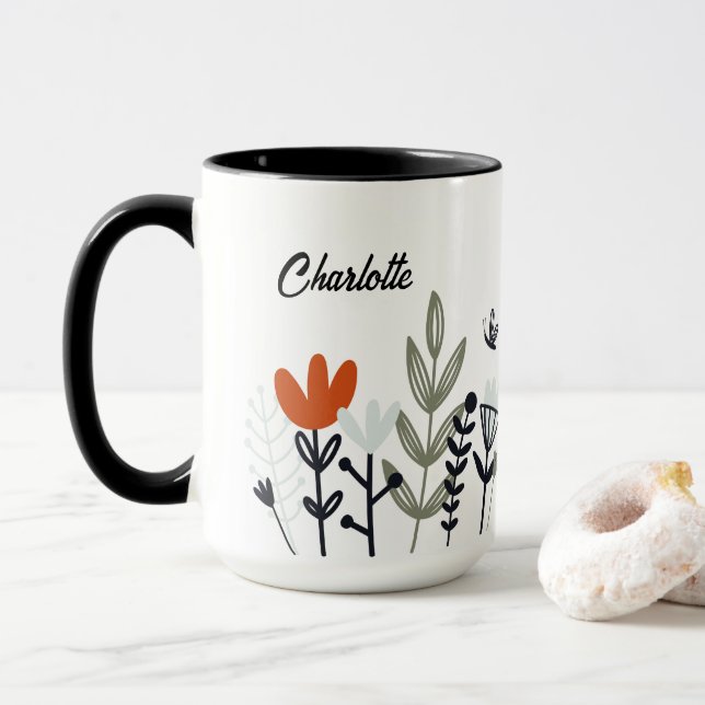 Moderne Whimsical Floral Personalisiert Name Tasse (Mit Donut)