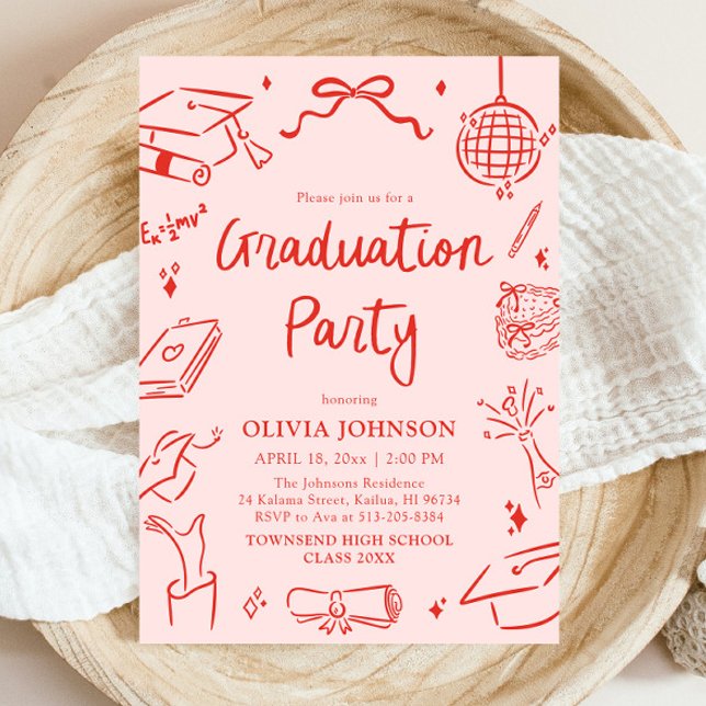 Moderne Whimsical Handgezeichnete Bogen Abschlussf Einladung (Modern Whimsical Hand Drawn Bow Graduation Party Invitation)