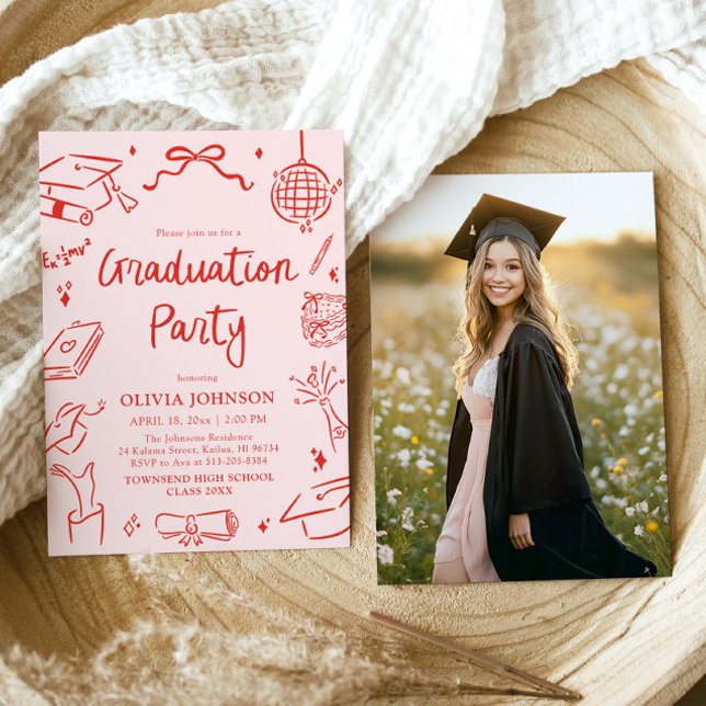 Moderne Whimsical Handgezeichnete Bogen Abschlussf Einladung (Modern Whimsical Hand Drawn Bow Graduation Party Invitation)