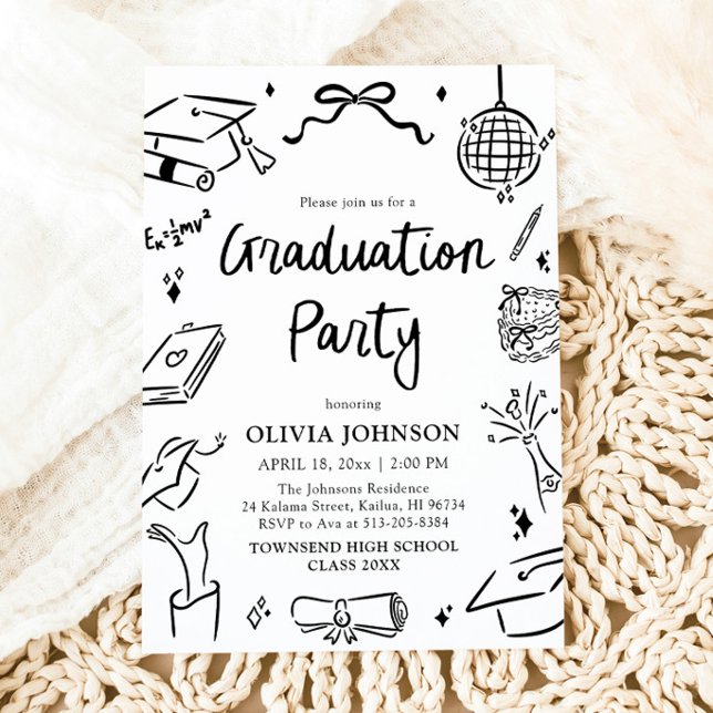 Moderne Whimsical Handgezeichnete Bogen Abschlussf Einladung (Modern Whimsical Hand Drawn Bow Graduation Party Invitation)