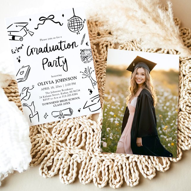 Moderne Whimsical Handgezeichnete Bogen Abschlussf Einladung (Modern Whimsical Hand Drawn Bow Graduation Party Invitation)