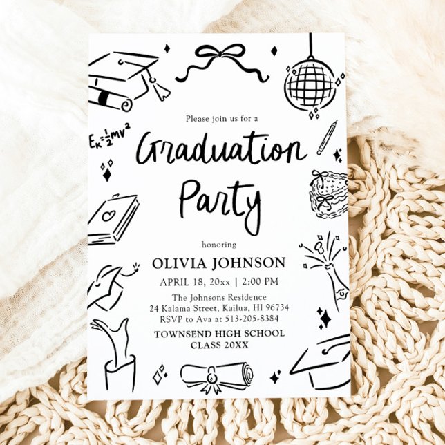 Moderne Whimsical handgezeichnete Bogen-Abschlussf Einladung (Modern Whimsical Hand Drawn Bow Graduation Party Invitation)