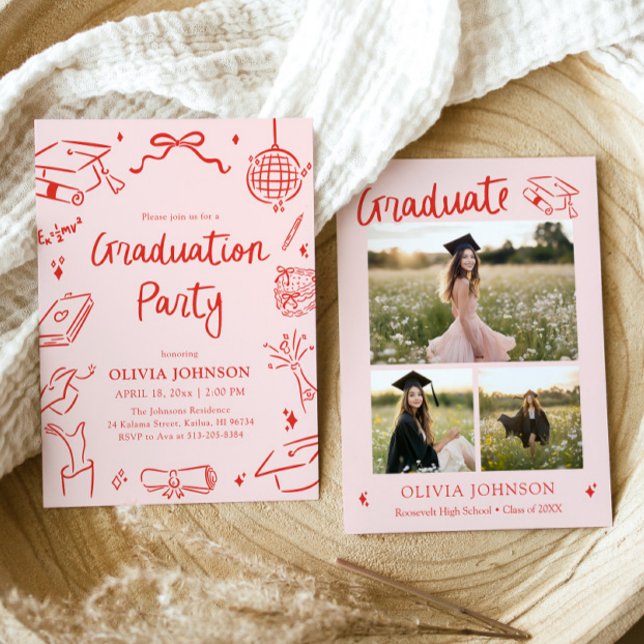 Moderne Whimsical Handgezeichnete Bogen Abschlussf Einladung (Modern Whimsical Hand Drawn Bow Graduation Party Invitation)