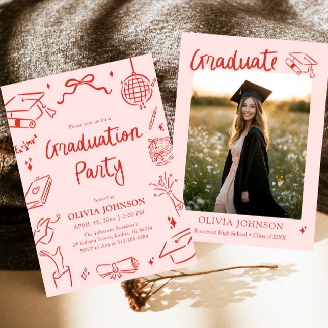 Moderne Whimsical Handgezeichnete Bogen Abschlussf Einladung (Modern Whimsical Hand Drawn Bow Graduation Party Invitation)