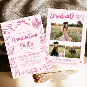 Moderne Whimsical Handgezeichnete Pinke Abschlussf Einladung