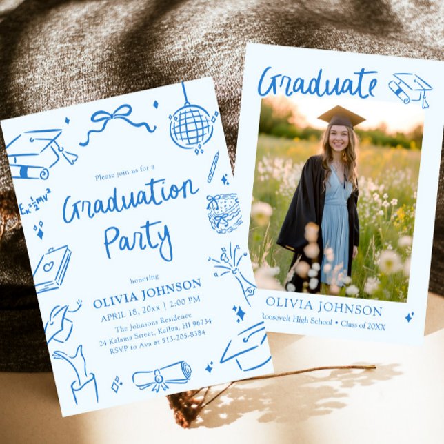 Moderne Whimsical Handgezeichnete Schleifen Abschl Einladung (Modern Whimsical Hand Drawn Blue Graduation Party Invitation)