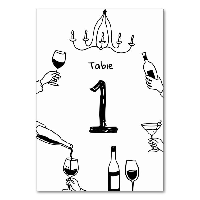 Moderne Whimsical-Hochzeit | Handgezeichnete Doodl Tischnummer (Vorderseite)