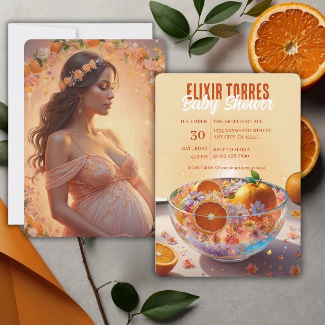 Moderne Whimsical Orange Citrus Foto Babydusche Einladung (Von Creator hochgeladen)