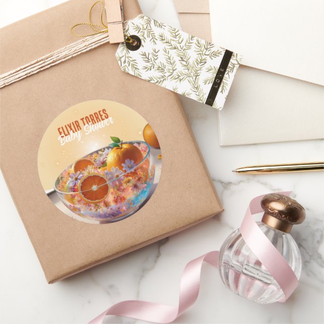 Moderne Whimsical Orange Citrus Foto Babydusche Runder Aufkleber (Schenken)