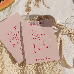 Moderne whimsical rosa rosafarbene Retro-Hochzeit Save The Date