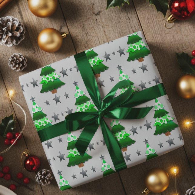 Moderne whimsical Weihnachtsbäume & Silberstars Geschenkpapier (Add a little whimsy to Christmas with this hand drawn unusual trees and stars wrapping paper.)