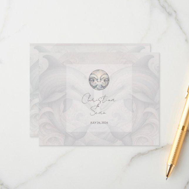 Moderne Whimsy-Delphine Hochzeit QR-Code Umschließ Begleitkarte (Vorderseite/Rückseite Beispiel)