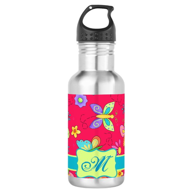 Moderne Whimsy-Schmetterlinge auf Red Monogram Per Edelstahlflasche (Vorderseite)