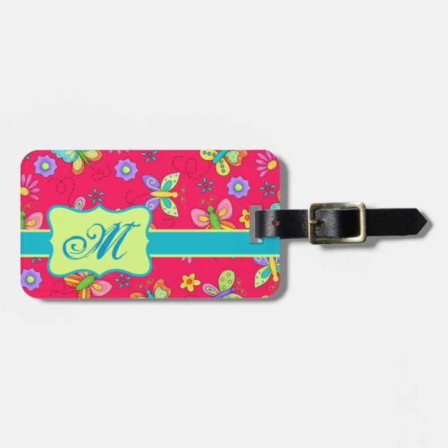 Moderne Whimsy-Schmetterlinge auf Red Monogram Per Gepäckanhänger (Vorderseite horizontal)