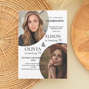 Moderne White and Black Double Birthday Party Einladung