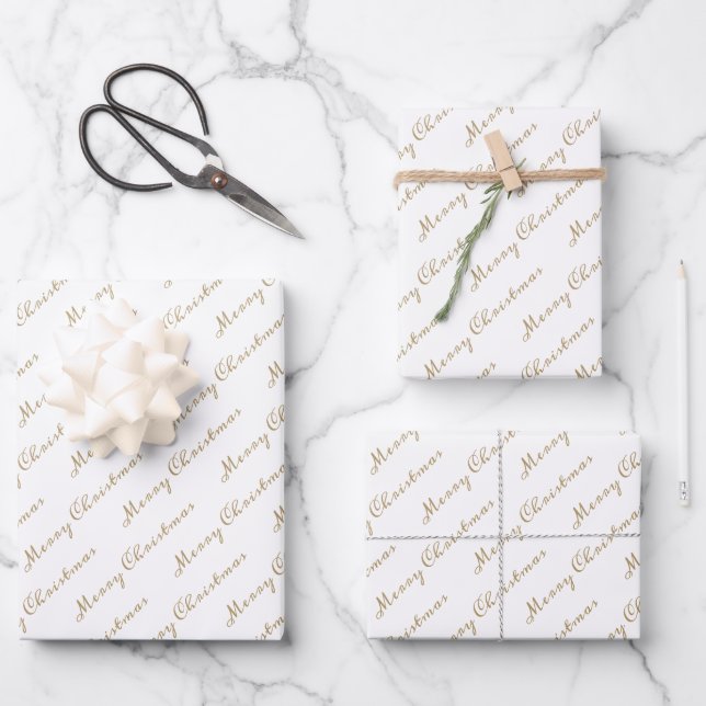 Moderne White and Gold Script Frohe Weihnachten Geschenkpapier Set (Vorderseite)