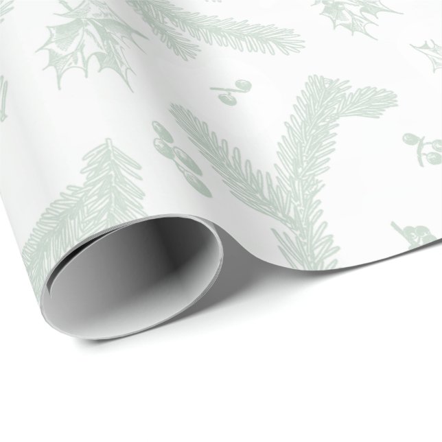 Moderne White and Mint Holly and Pine Geschenkpapier (Rolleneckpunkt)