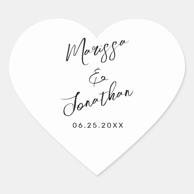Moderne White Black Hand Letted Script Wedding Herz-Aufkleber (Vorderseite)