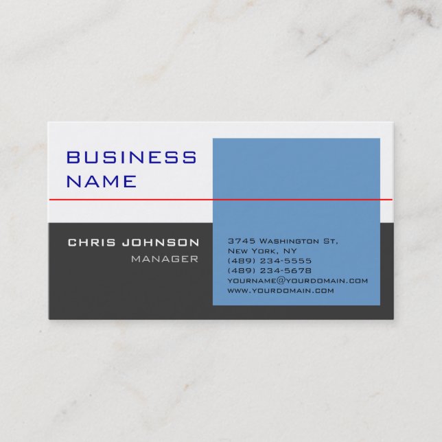 Moderne White Blue Gray Red Trendy Business Card Visitenkarte (Vorderseite)