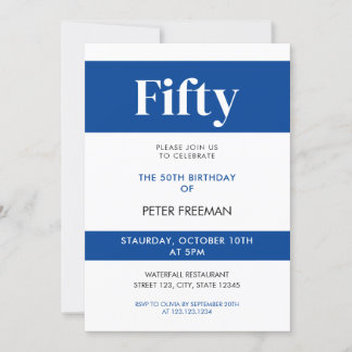 Moderne White & Blue Typografie 50. Geburtstag Einladung