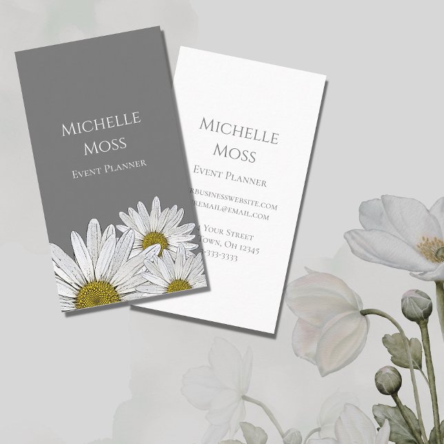 Moderne White Daisies Trendy Floral Gray Visitenkarte (Von Creator hochgeladen)