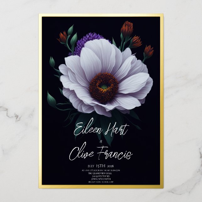 Moderne White Daisy Dark Winter Gold Border Weddin Folieneinladung (Vorderseite)