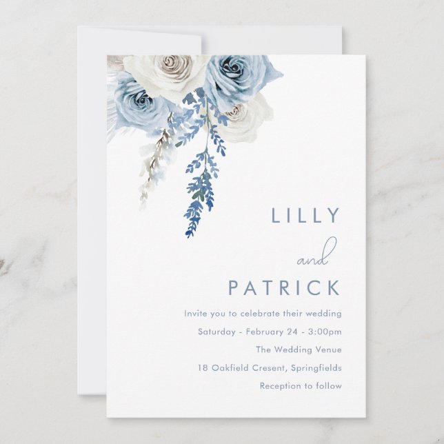 Moderne White & Dusty Blue Wedding Einladung (Vorderseite)