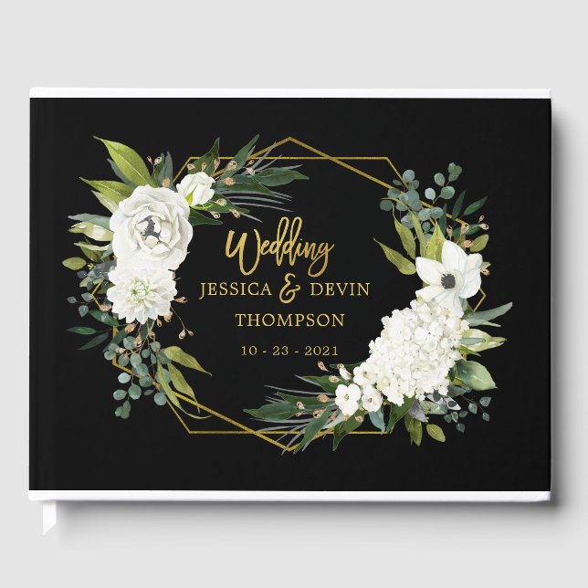Moderne White Floral Black Frame Wedding Gästebuch (Vorderseite)