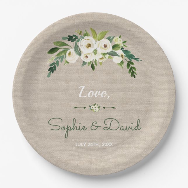 Moderne White Floral Burlap Handwriting Hochzeit Pappteller (Vorderseite)