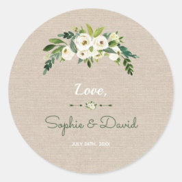 Moderne White Floral Burlap Handwriting Hochzeit Runder Aufkleber