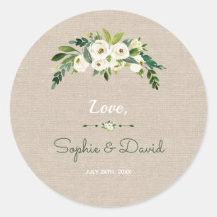 Moderne White Floral Burlap Handwriting Hochzeit Runder Aufkleber