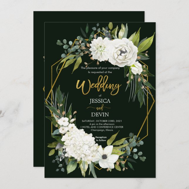 Moderne White Floral Gold Rahmen Hochzeitseinladun Einladung (Vorne/Hinten)