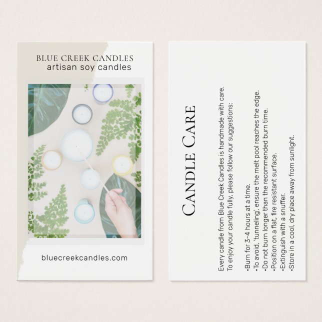 Moderne White Foto Candle Care Card (Vorne & Hinten)