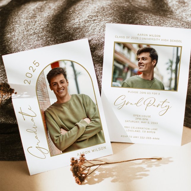 Moderne White Gold Foto Graduation Party Einladung (Von Creator hochgeladen)