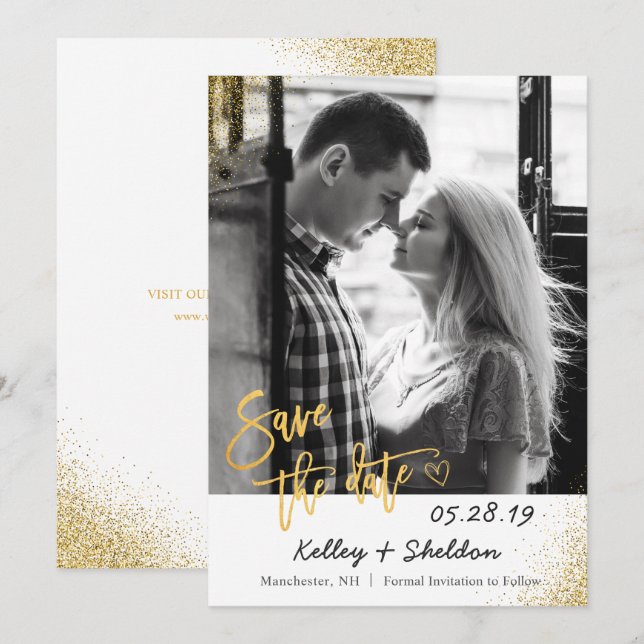 Moderne White & Gold Hochzeit spart das Date Foto Save The Date (Vorne/Hinten)