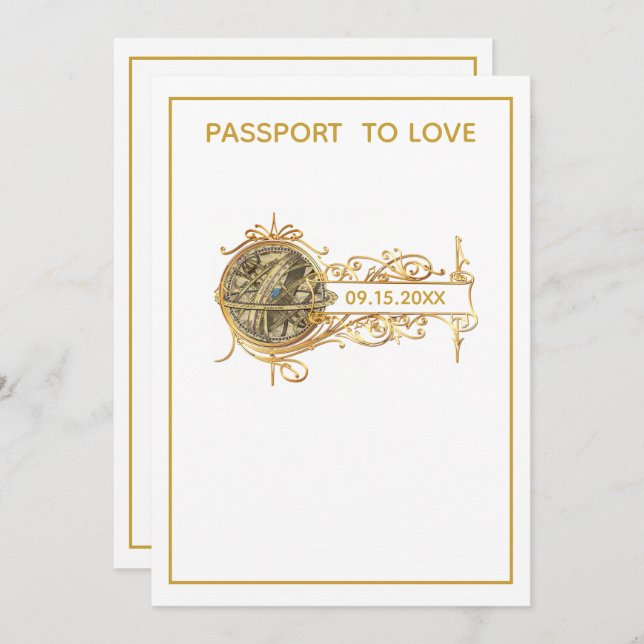 Moderne White Gold Passport Hochzeit Einladung (Vorne/Hinten)