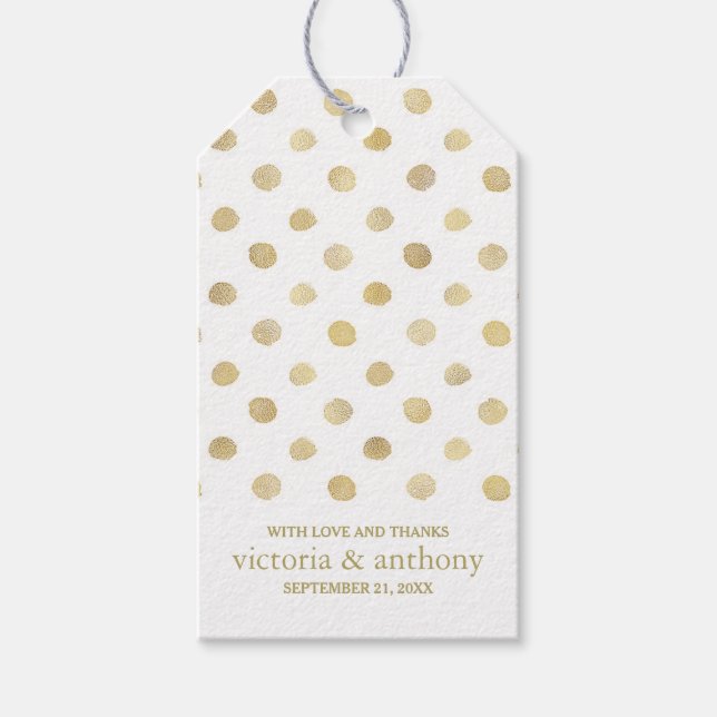 Moderne White & Gold Polka Dots Gastgeschenk Hochz Geschenkanhänger (Vorderseite)