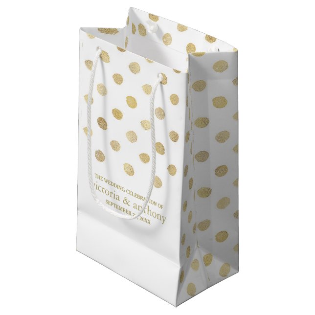 Moderne White & Gold Polka Dots Gastgeschenk Hochz Kleine Geschenktüte (Vorderseite Schrägansicht)