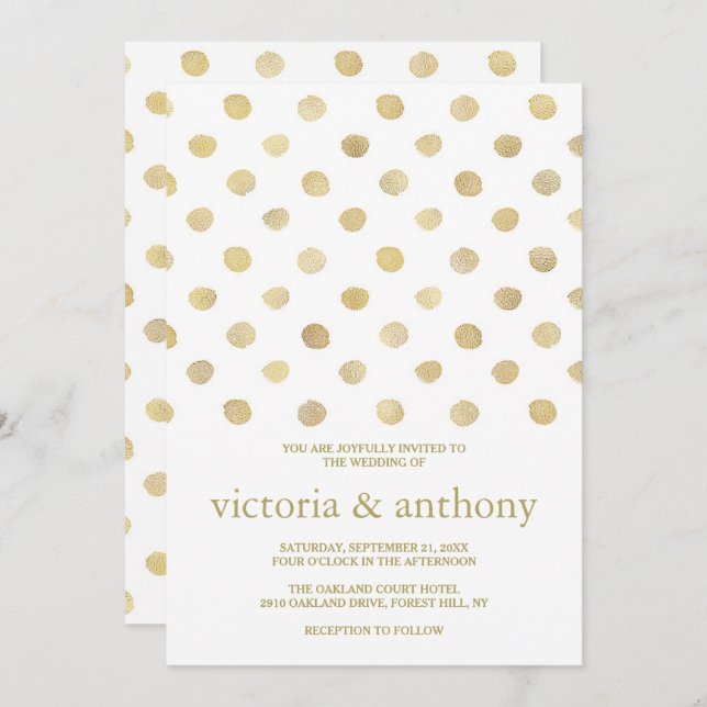 Moderne White & Gold Polka Dots Hochzeit Einladung (Vorne/Hinten)