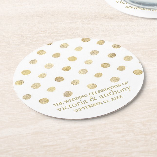 Moderne White & Gold Polka Dots Hochzeit Runder Pappuntersetzer (Angewinkelt)
