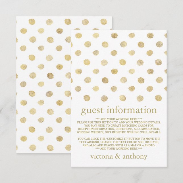 Moderne White & Gold Polka Dots Hochzeitsdetails Begleitkarte (Vorne/Hinten)