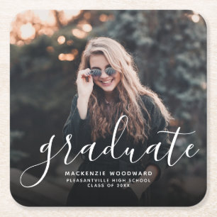 Moderne White Handwriting Foto Graduation Party Rechteckiger Pappuntersetzer