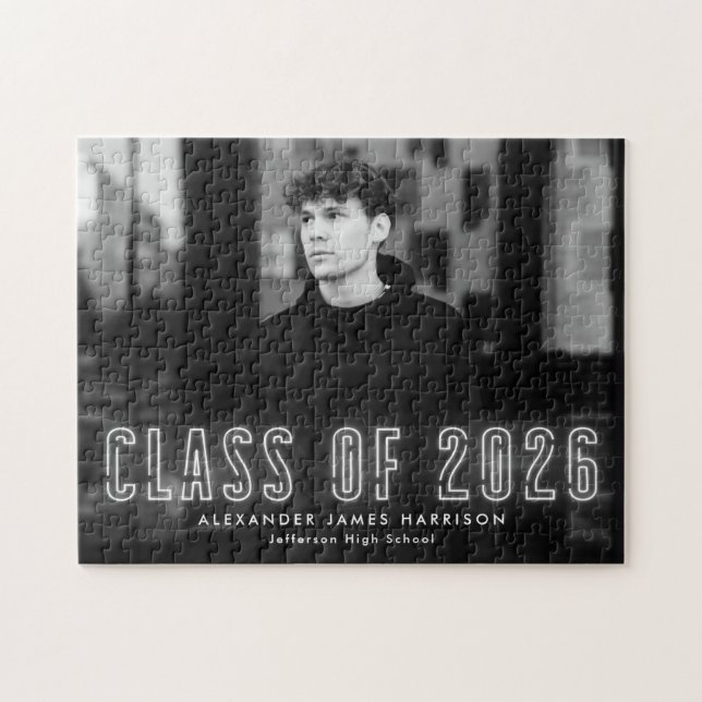 Moderne White Neon Class 2025 Abschluss Foto Puzzle (Horizontal)