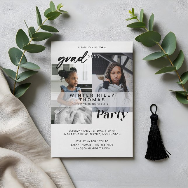 Moderne White Now & Then Two Foto Graduation Party Einladung (Modern White Now & Then Two Photo Graduation Party Invitation)